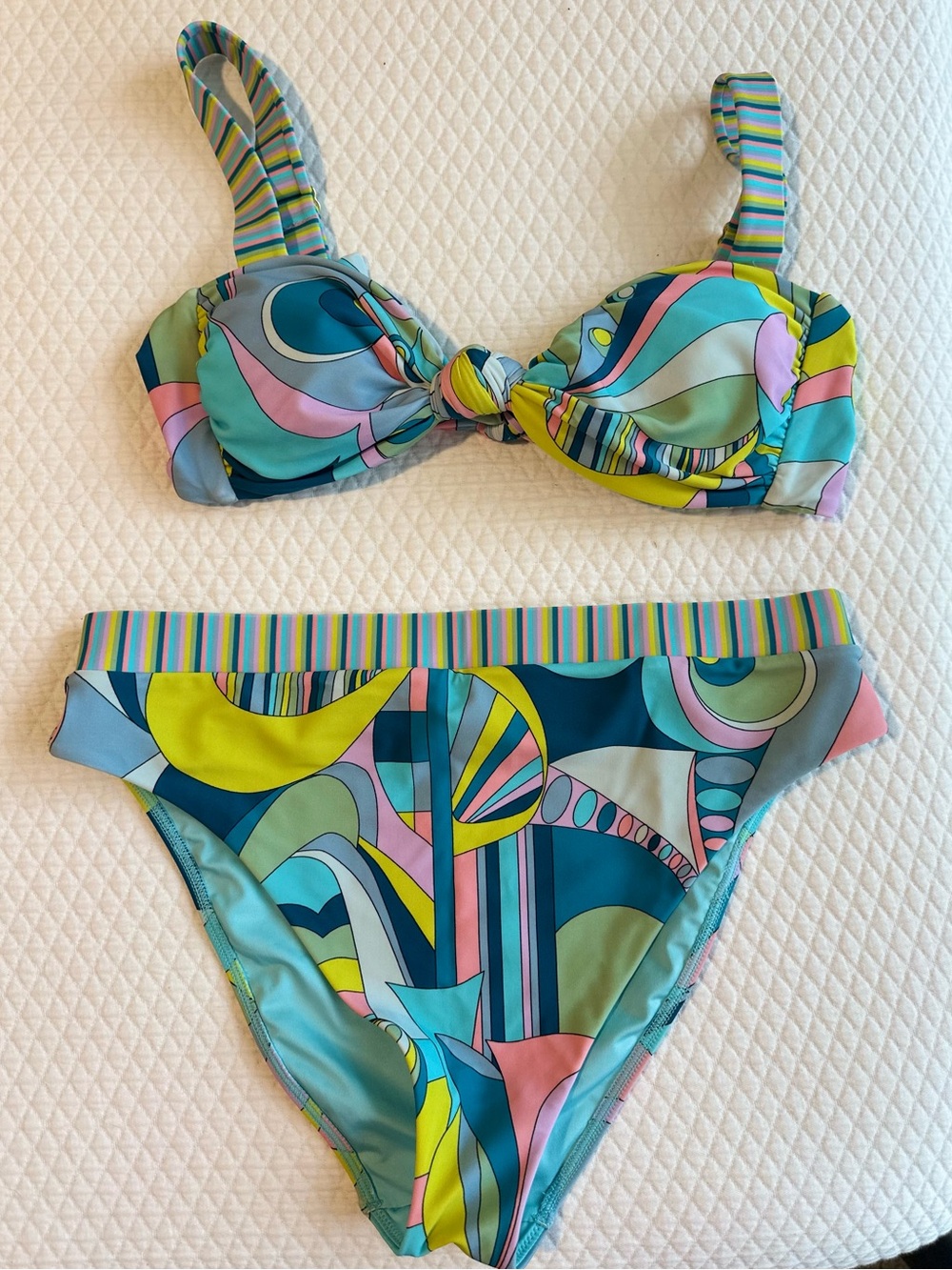 Show Me Your MuMu Multicolor Abstract-Print Bikini in Teal, Yellow, Pink